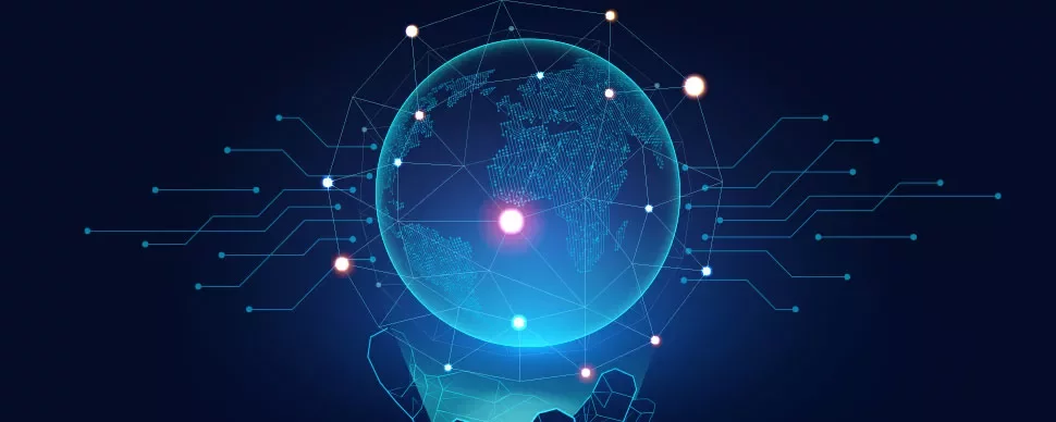 Digital globe with network connections on a dark background.