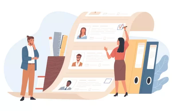Illustration of two people reviewing oversized resumes.