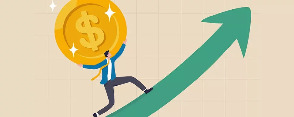 Person climbing upward arrow with a large dollar coin.