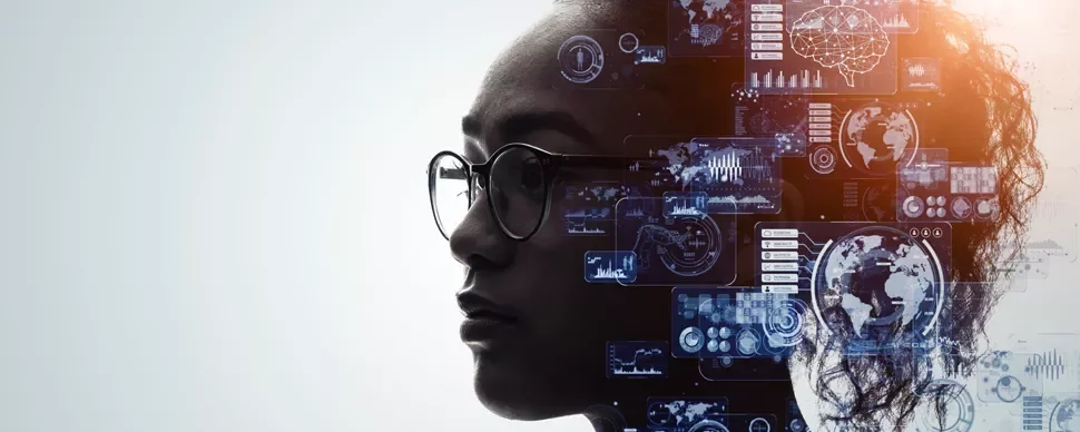 Profile of person with digital data overlay and earth illustration.
