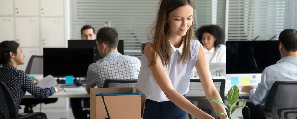 Person arranging desk with plant in a busy office setting.
