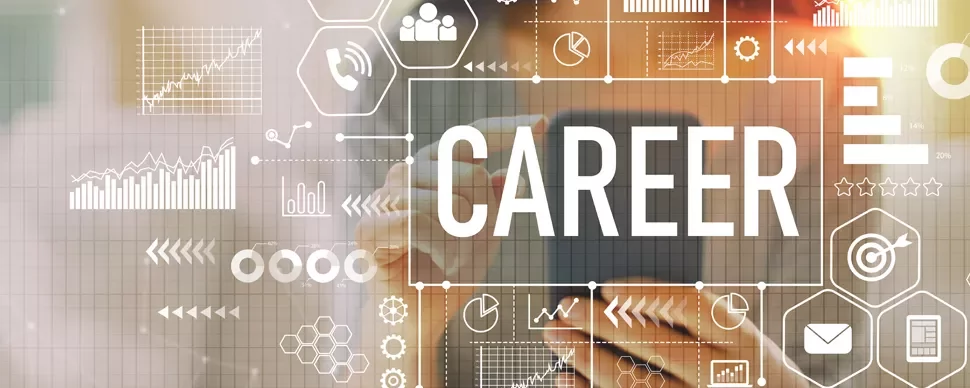 Person using a smartphone with career-related icons and graphs.
