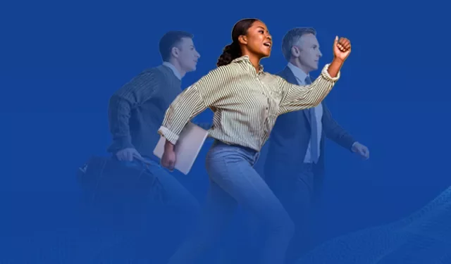 Person running confidently with others in business attire in the background.