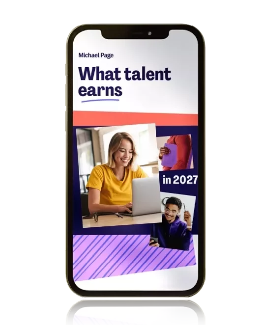 Mobile phone screen with an image of a document showing a smiling woman and the words 'What talent earns in 2027'