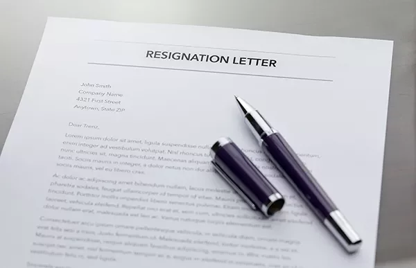 Close-up of a resignation letter with a purple pen on top.
