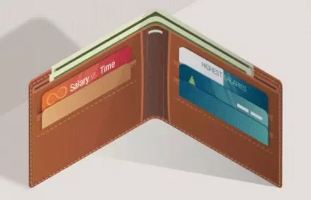 Open brown wallet with credit cards inside.
