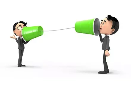 Two animated figures communicating with cup phones, facing each other.