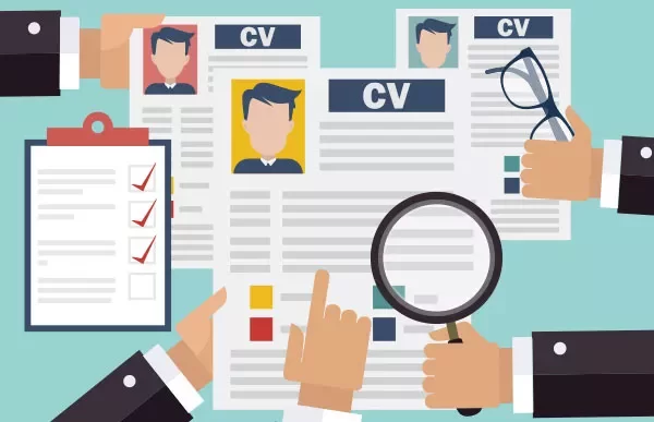 Illustration of hands reviewing resumes with a clipboard, glasses, and magnifying glass.