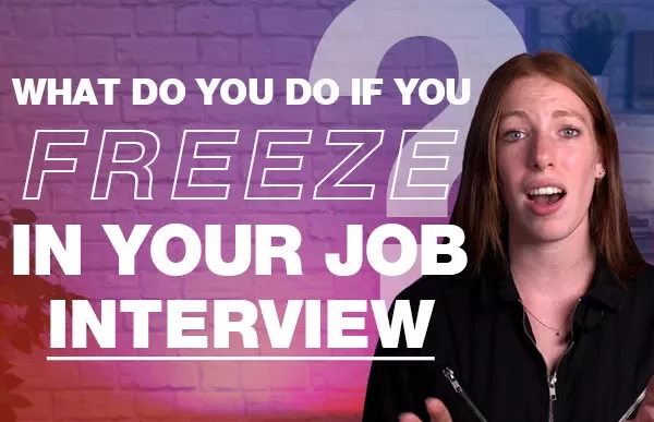 Person speaking about job interview challenges, text reads 'What do you do if you freeze in your job interview?'